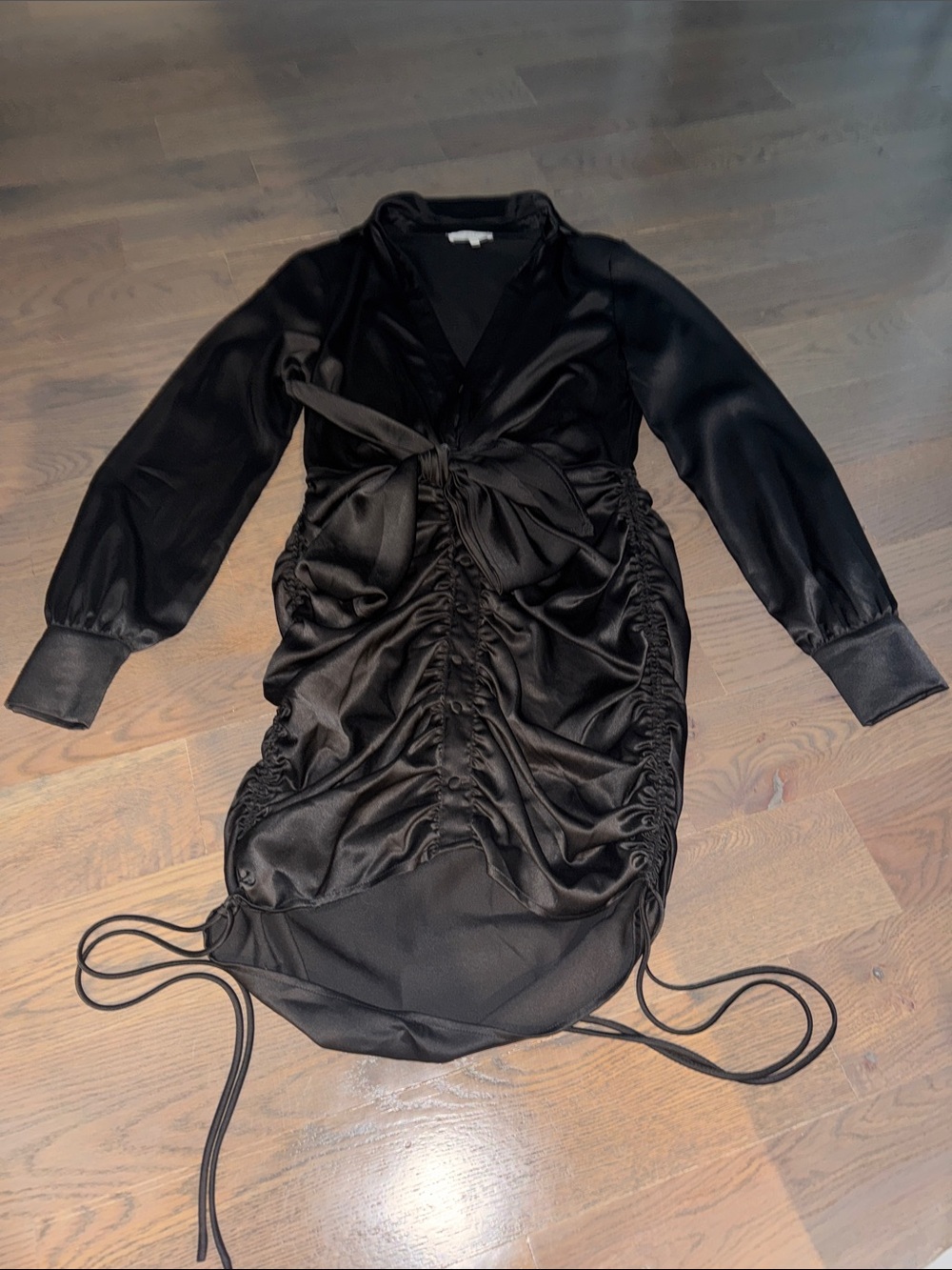 Black Ruched Tie-Front Satin Dress
